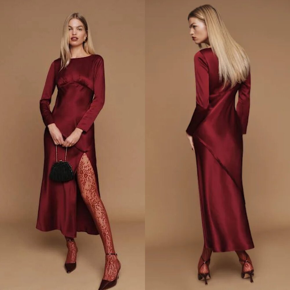 NWT Reformation Naila Satin Dress In Chianti Sz Small Slim Fit Thigh High Slit - Picture 1 of 8